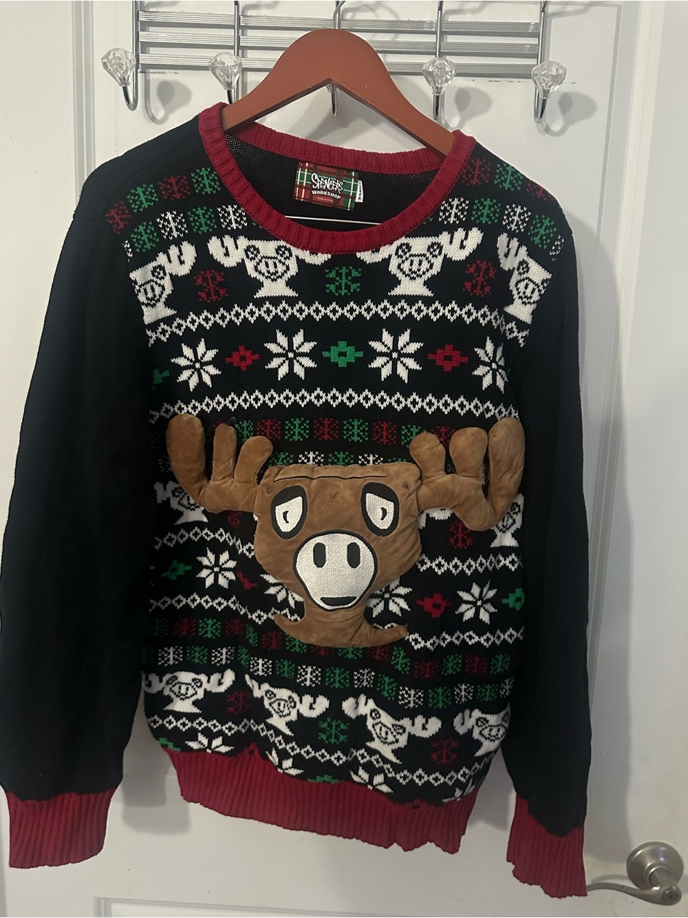 Spencer's Black Holiday Moose Crewneck Sweater with Red Trim